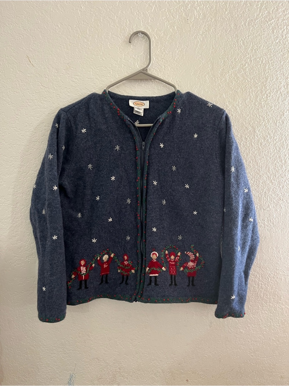 Talbots 100% lambswool Navy Blue Holiday Cardigan with Festive Embroidery